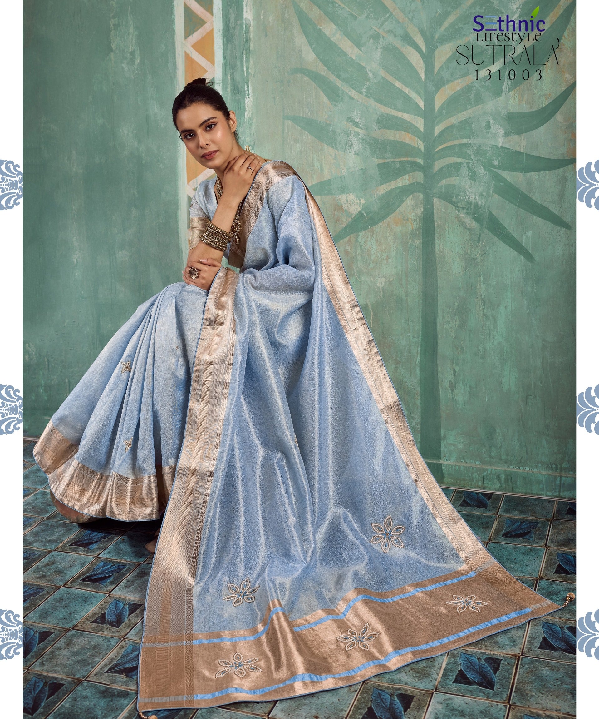 buster Sky Embroidered Saree