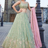 LUXURY PISTA GREEN ART SILK LEHENGA