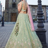 LUXURY PISTA GREEN ART SILK LEHENGA