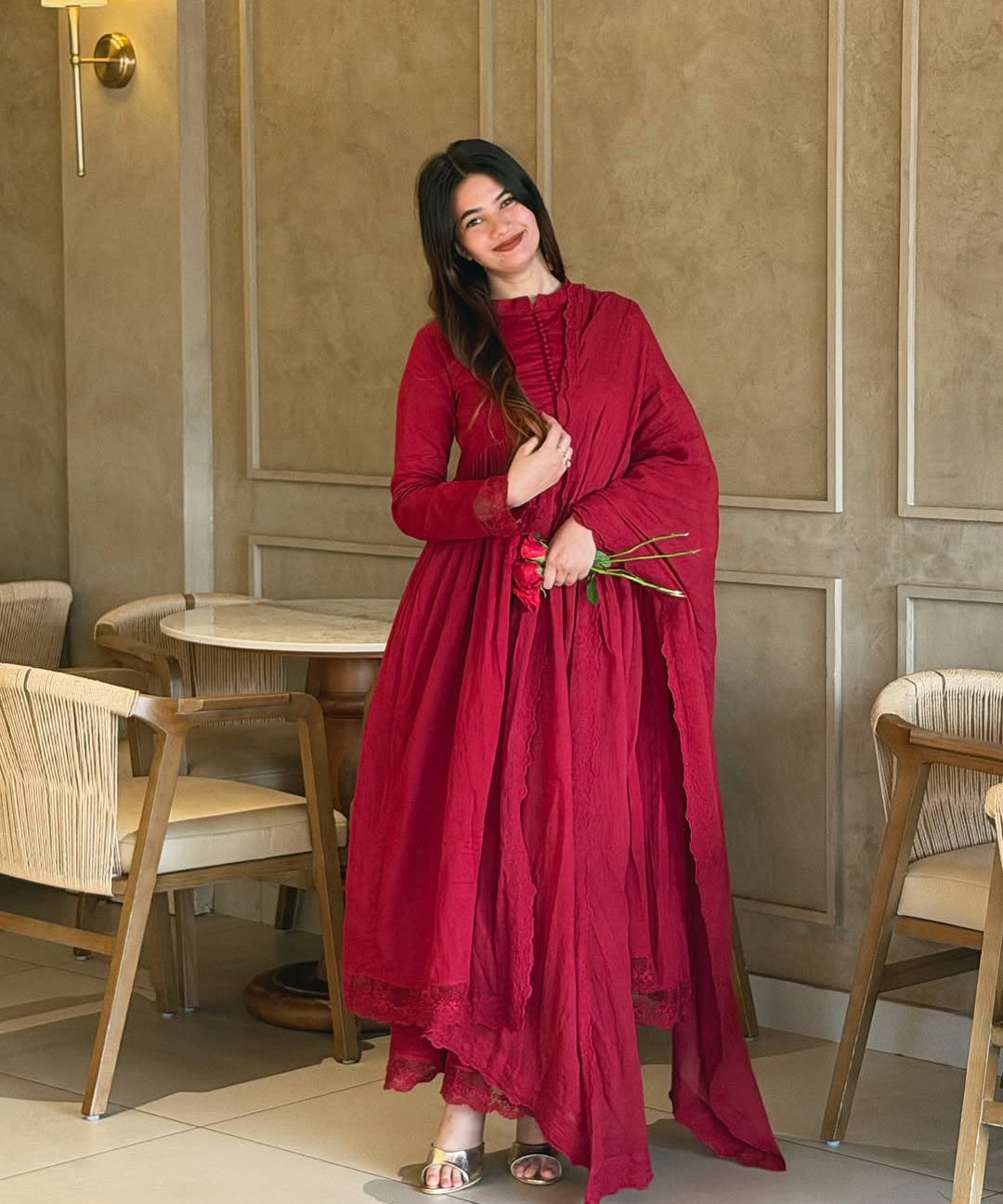 Classic Roman Silk Anarkali Gown
