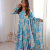 Sky Floral Printed Anarkali Gown