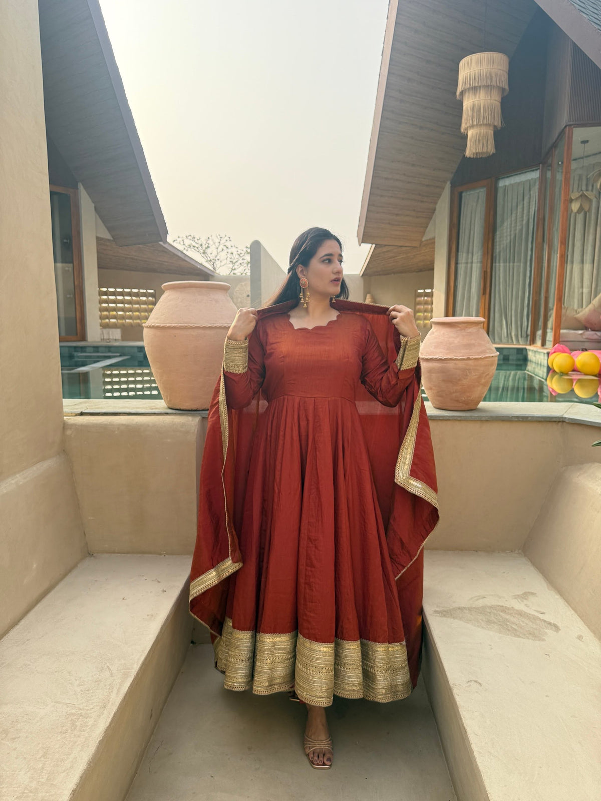 Orange Designer Vichitra Anarkali