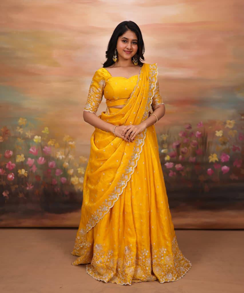 Marigold Yellow Silk Embroidered Lehenga