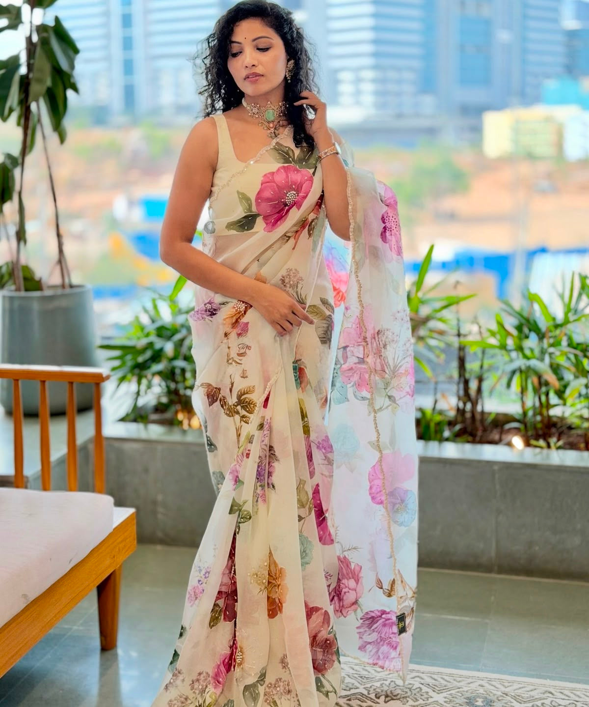 White Soft Silk Floral Print Saree