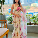 White Soft Silk Floral Print Saree