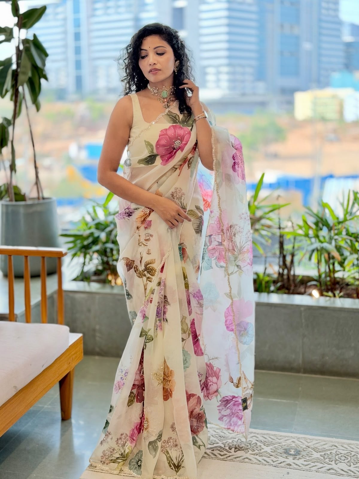 White Soft Silk Floral Print Saree