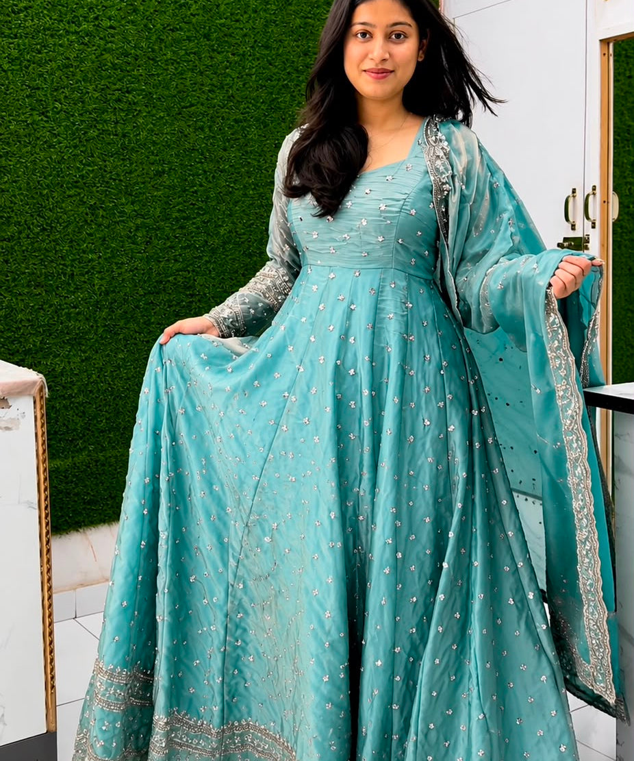 Pretty Sea Green Fandy Silk Gown