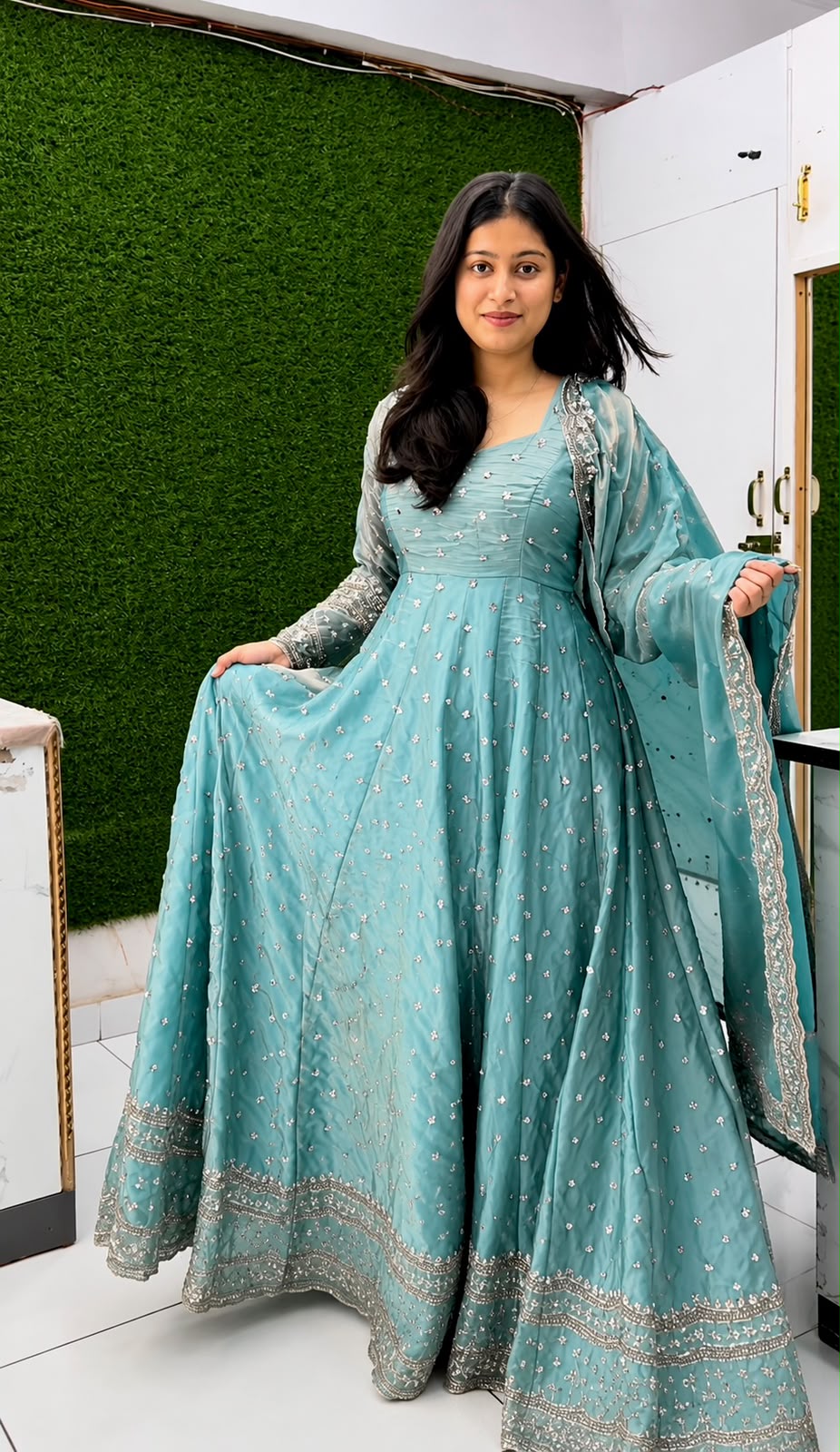 Pretty Sea Green Fandy Silk Gown