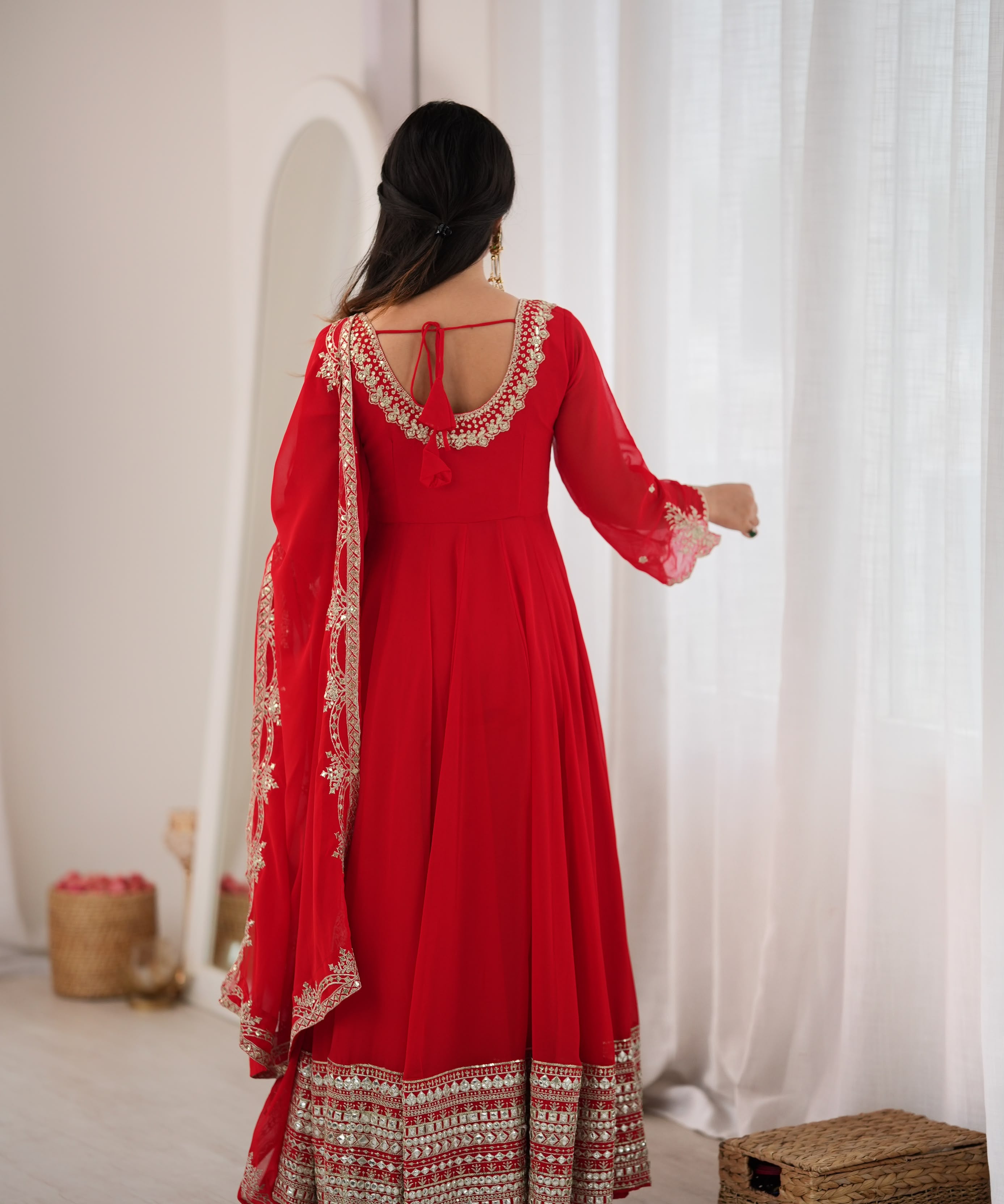 Red Paper Mirror Embroidered Georgette Gown Set