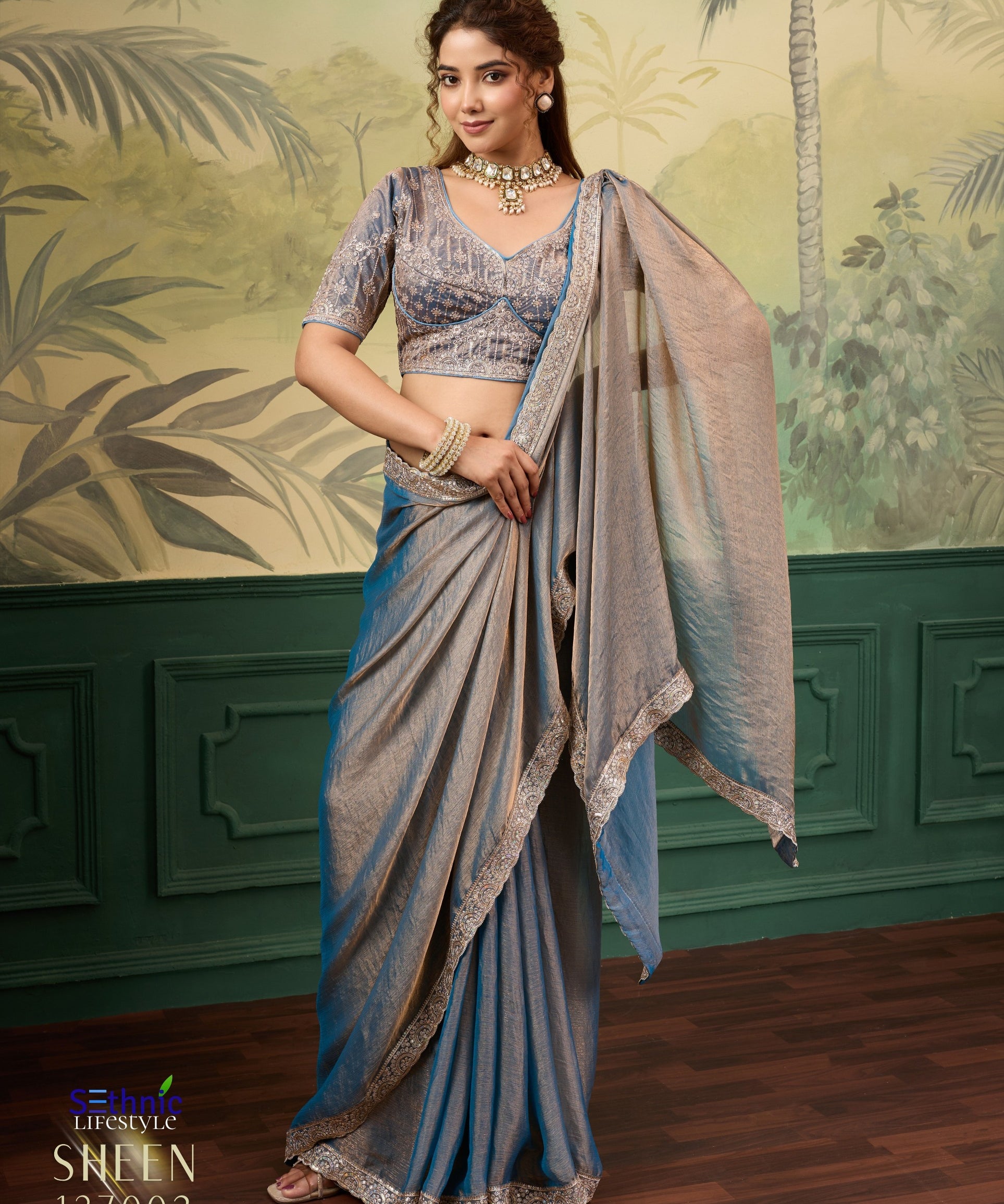 Sheen High Shine Velvet Chiffon Saree