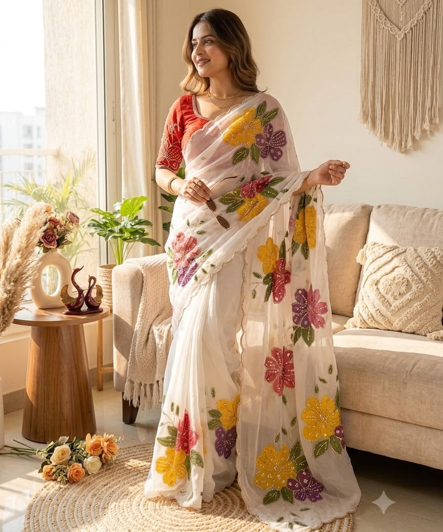 Shiny White Floral Print Saree