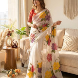 Shiny White Floral Print Saree