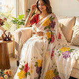Shiny White Floral Print Saree