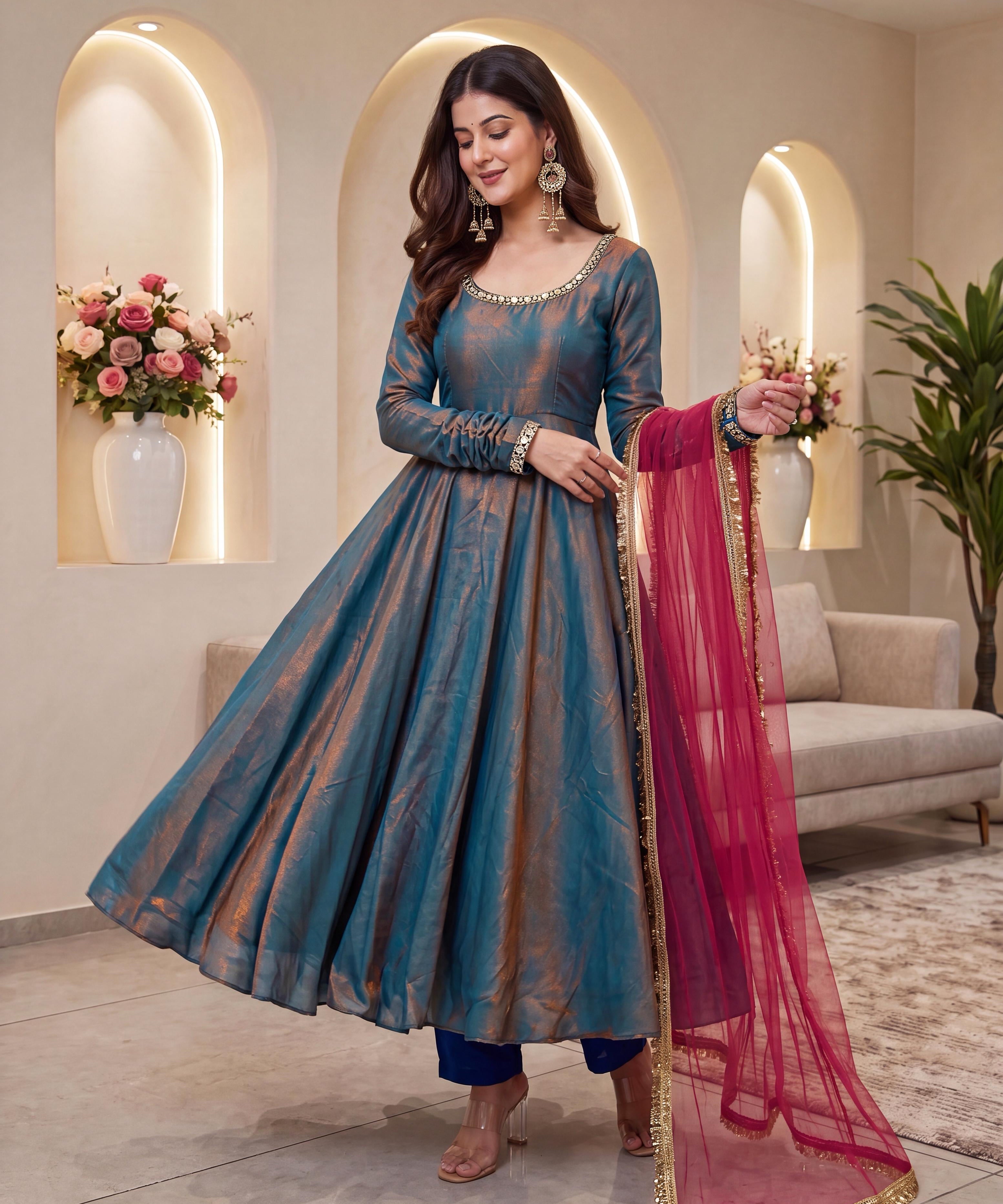 Light Teal Shiny Silk Gown