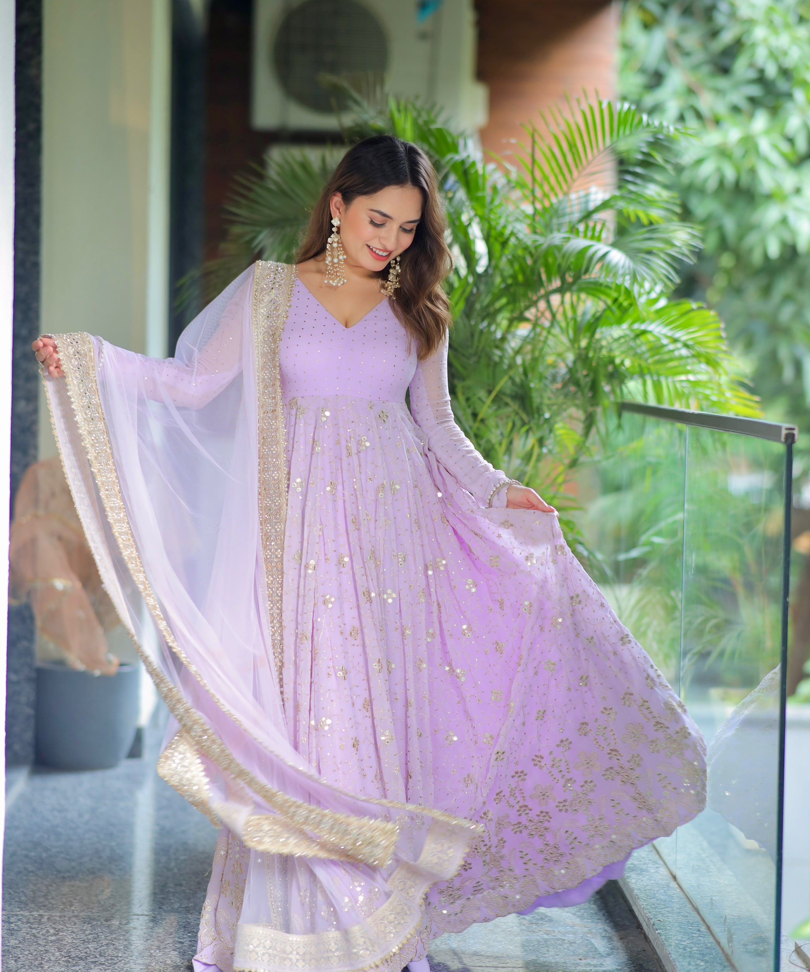 Lavender Foil Work Anarkali Gown