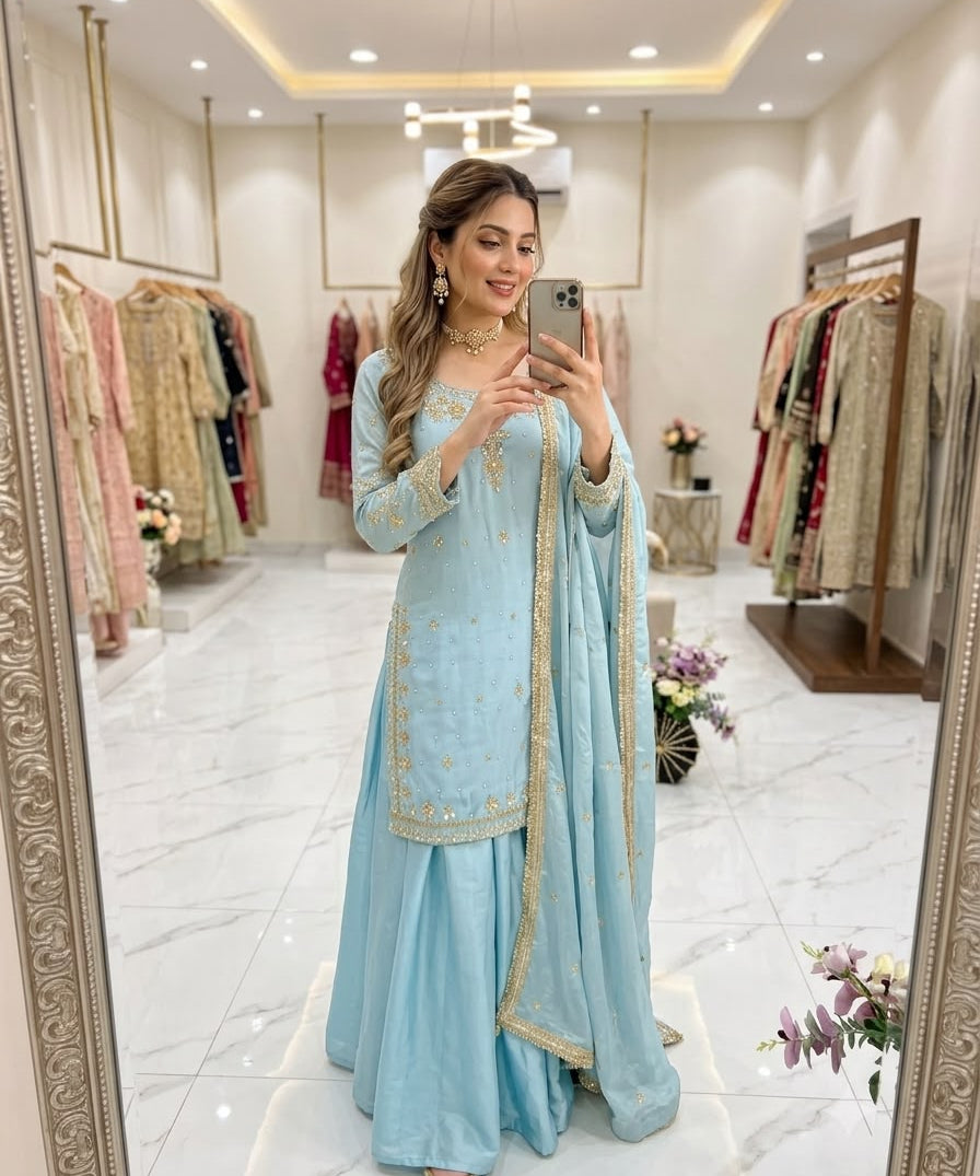 Sky Georgette Embroidered Top Sharara