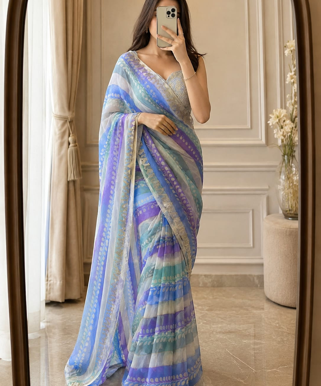 Beautiful Striped Silk Sarowski Saree