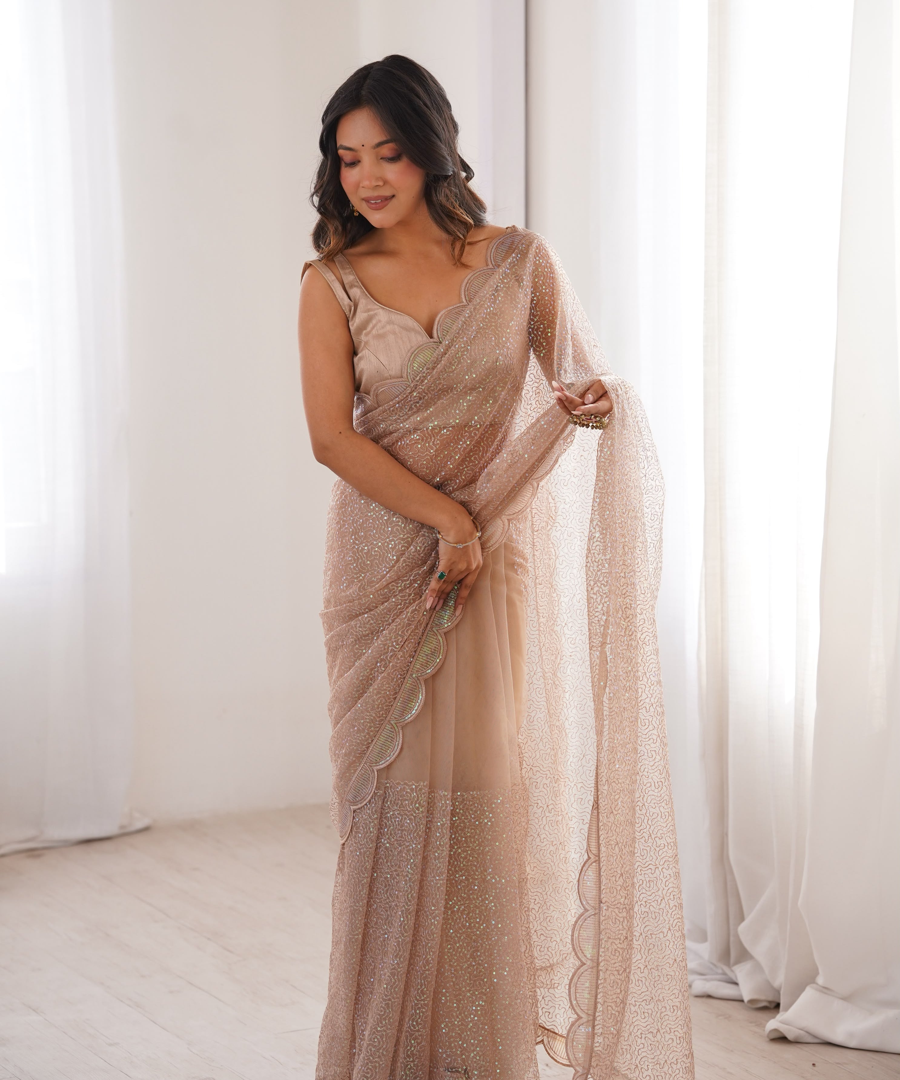 Shiny Heavy Soft Net Embroidered Saree