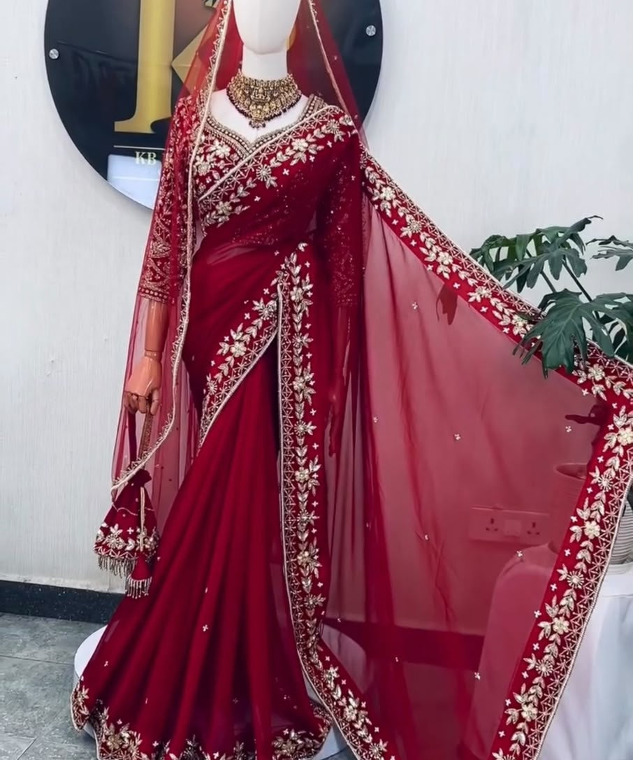 Stunning Red Embroidered Saree