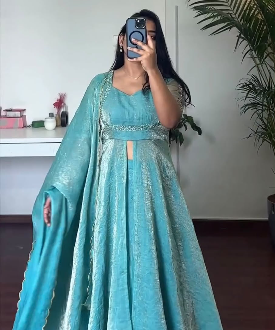 Sky Shiny Ethnic Fendy Silk Suit