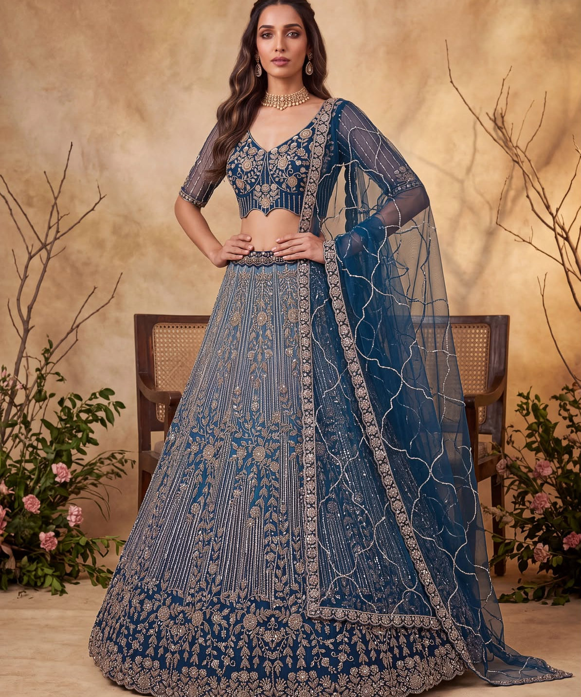Royal Net Embroidered Wedding Lehenga
