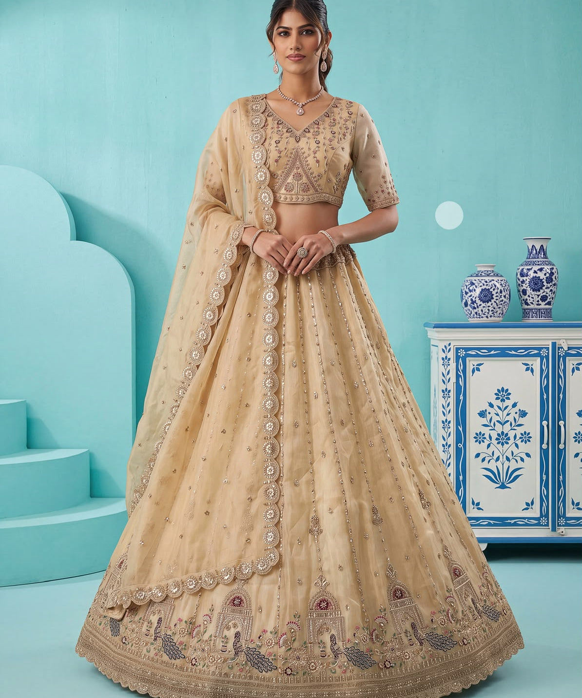 Crystal Beads Work Indian Wedding Lehenga
