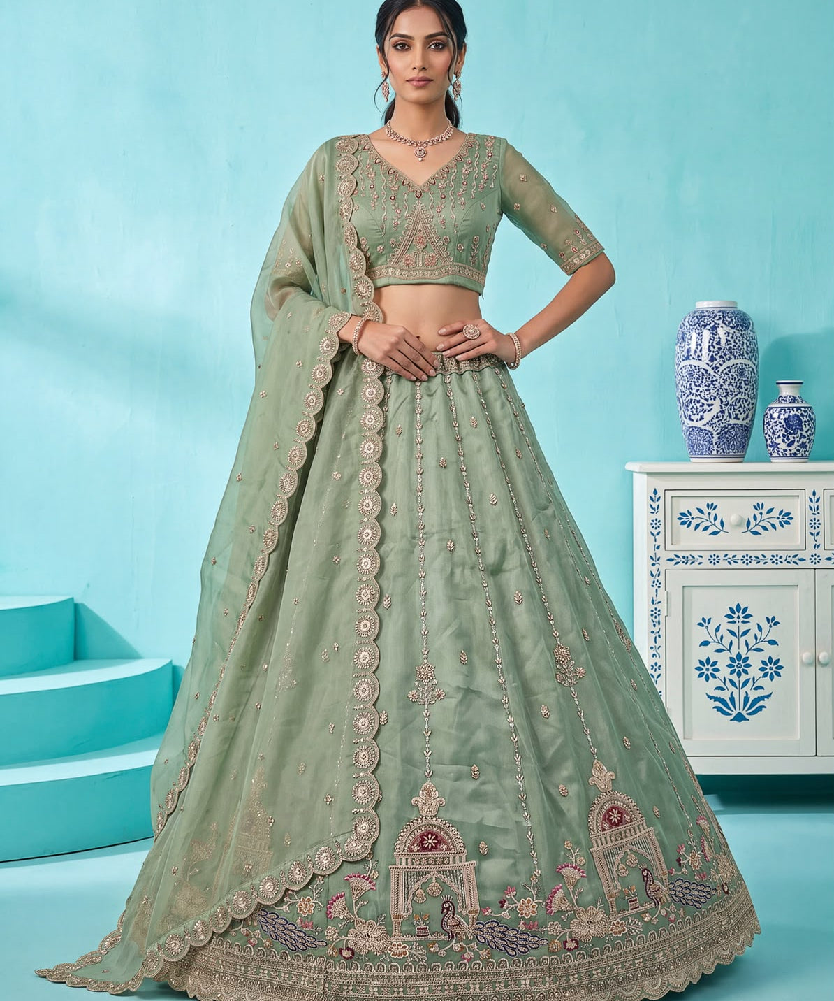 Crystal Beads Work Indian Wedding Lehenga