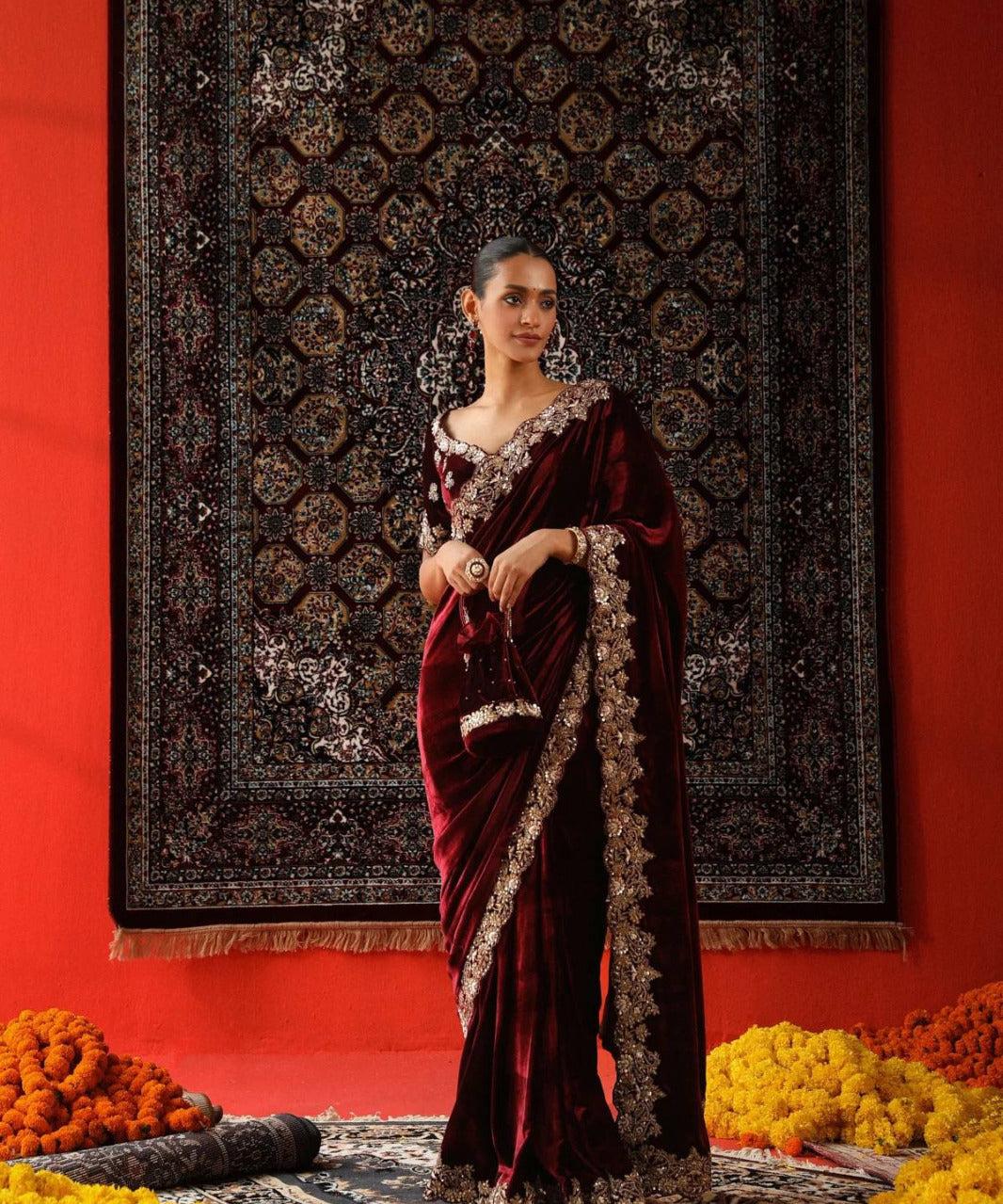 Designer Embroidered Velvet Saree