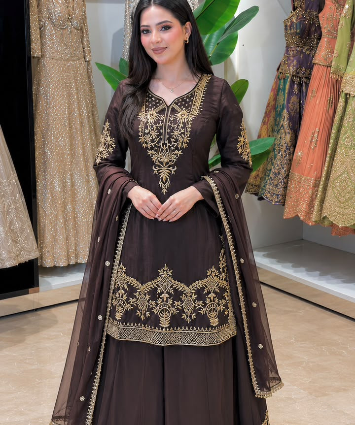 Attractive Embroidered Silk Top Plazzo