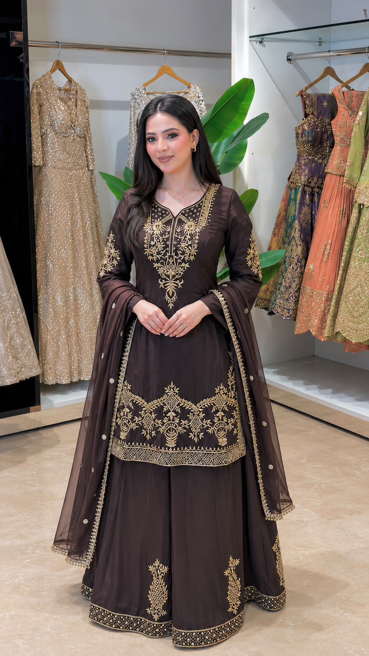 Attractive Embroidered Silk Top Plazzo