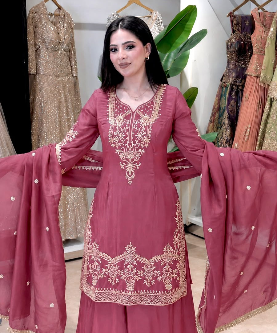 Attractive Embroidered Silk Top Plazzo