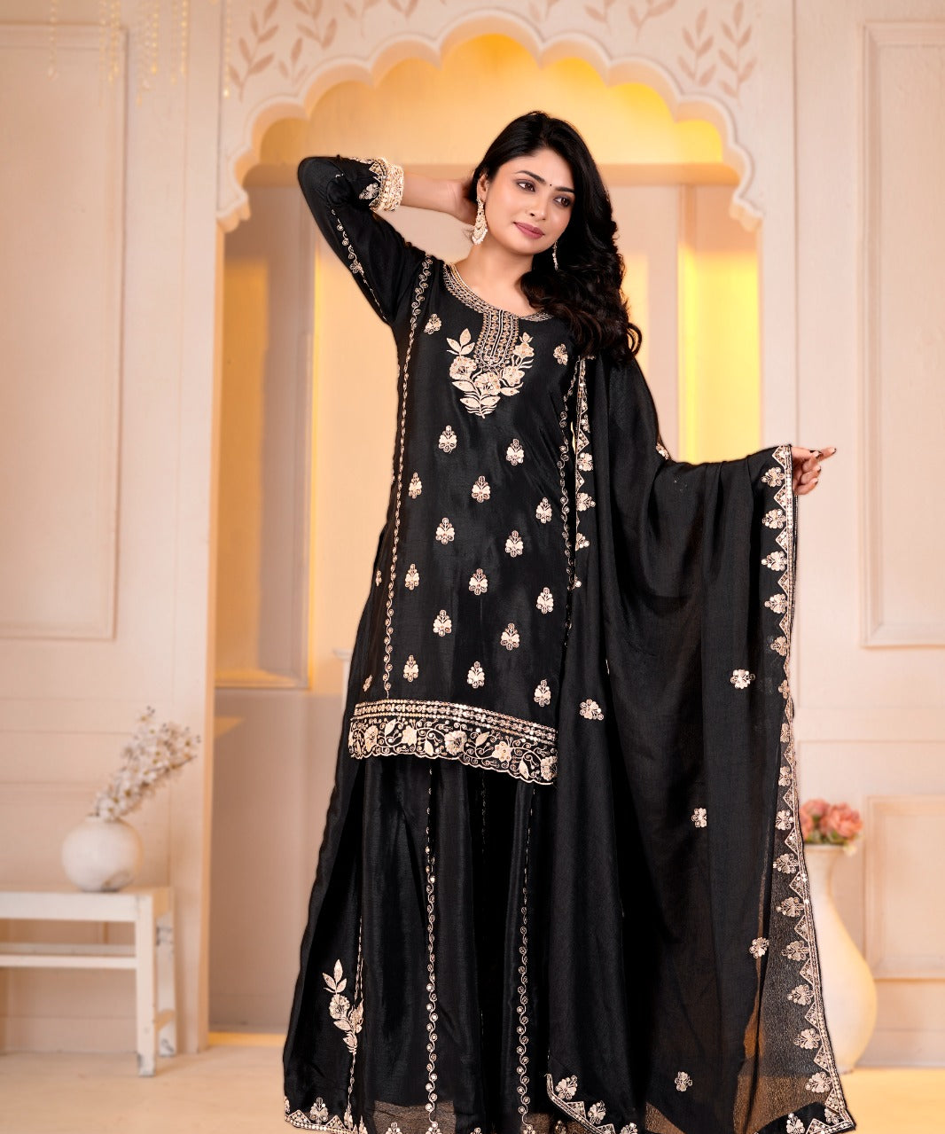 Shasiya Embroidered Chinon Top Sharara