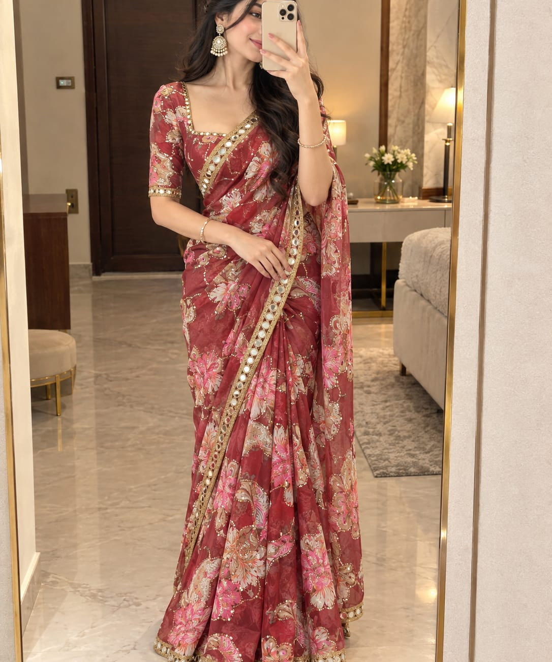 Beautiful Floral Print Silk Saree