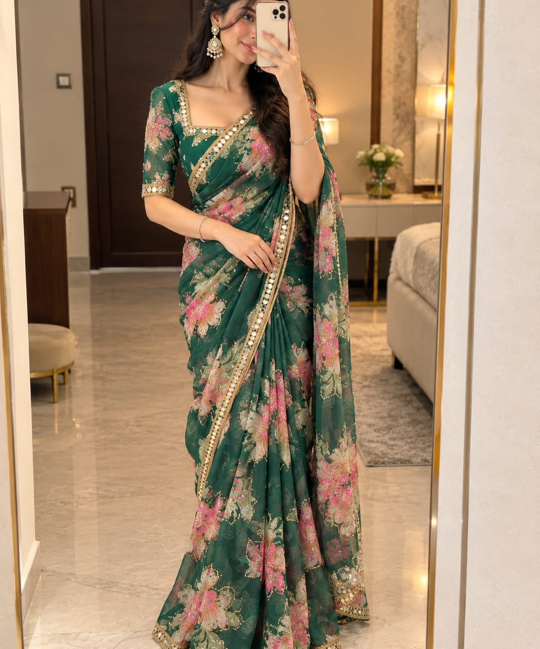 Beautiful Floral Print Silk Saree