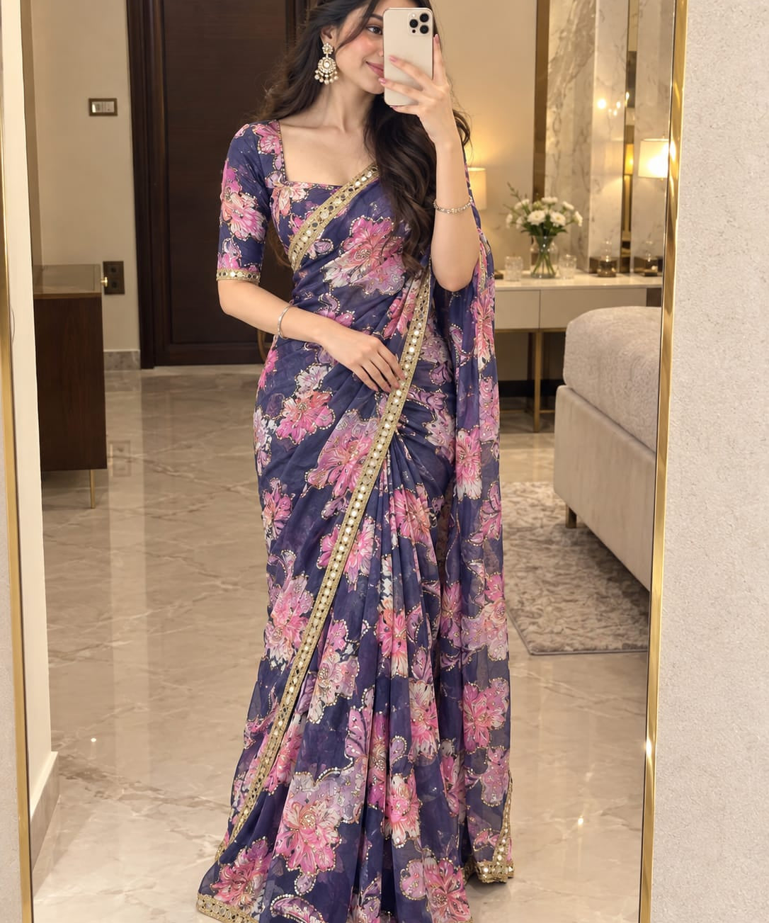 Beautiful Floral Print Silk Saree