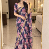 Beautiful Floral Print Silk Saree