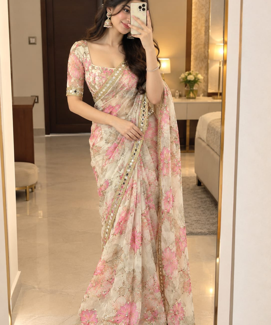 Beautiful Floral Print Silk Saree