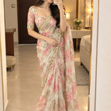 Beautiful Floral Print Silk Saree