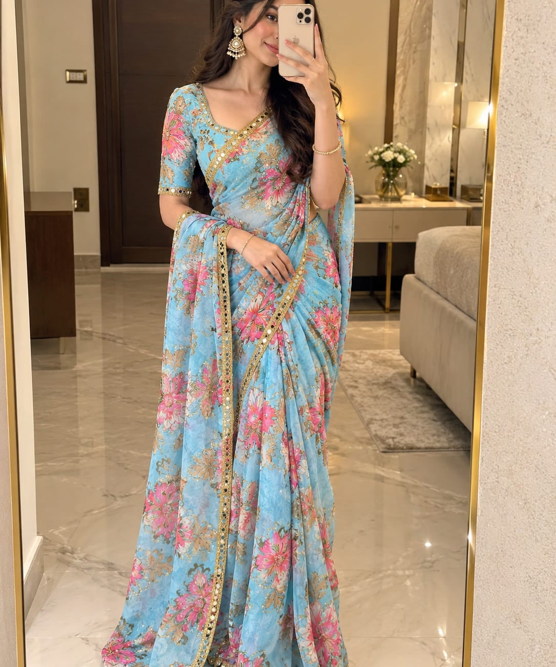 Beautiful Floral Print Silk Saree