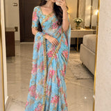 Beautiful Floral Print Silk Saree