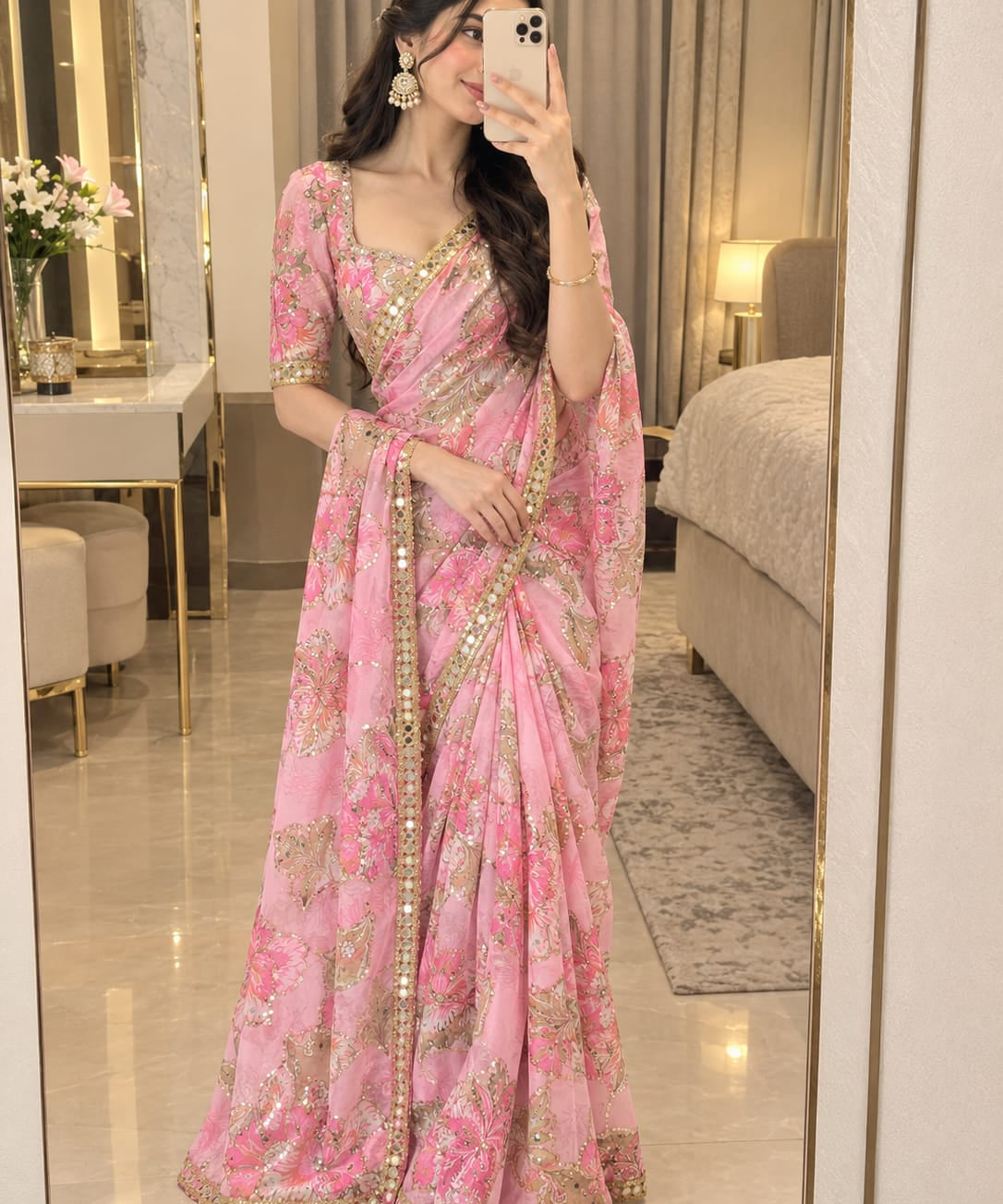 Beautiful Floral Print Silk Saree