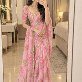 Beautiful Floral Print Silk Saree