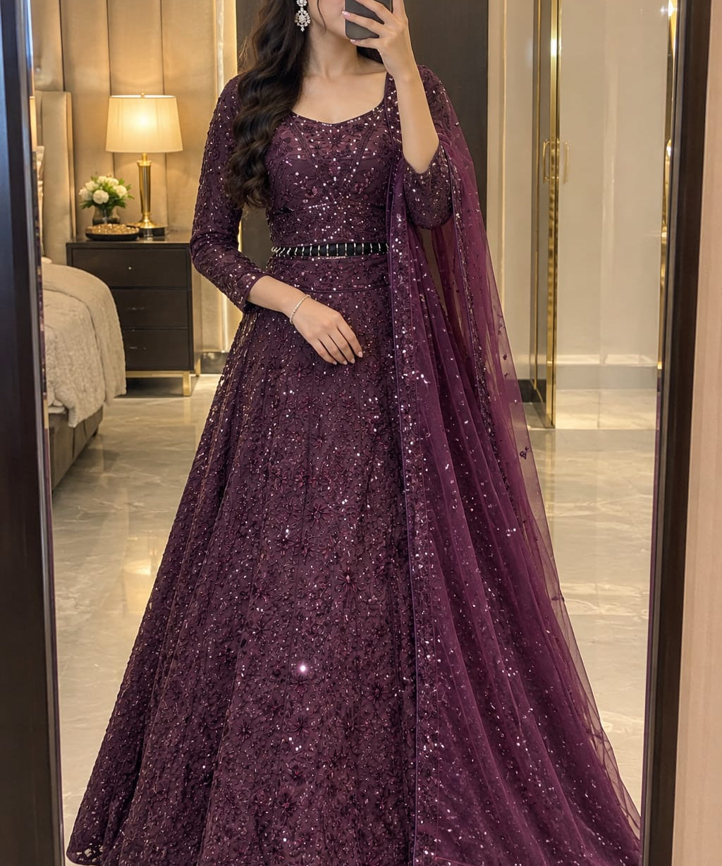 Magnificent Wine Silk Embroidered lehenga