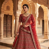 Vibrant Red Silk Embroidered Wedding Lehenga
