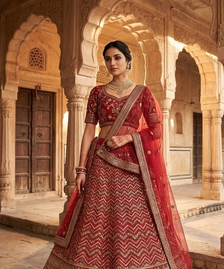 Vibrant Red Silk Embroidered Wedding Lehenga