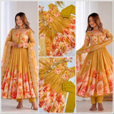 Mustard Floral Print Anarkali Gown
