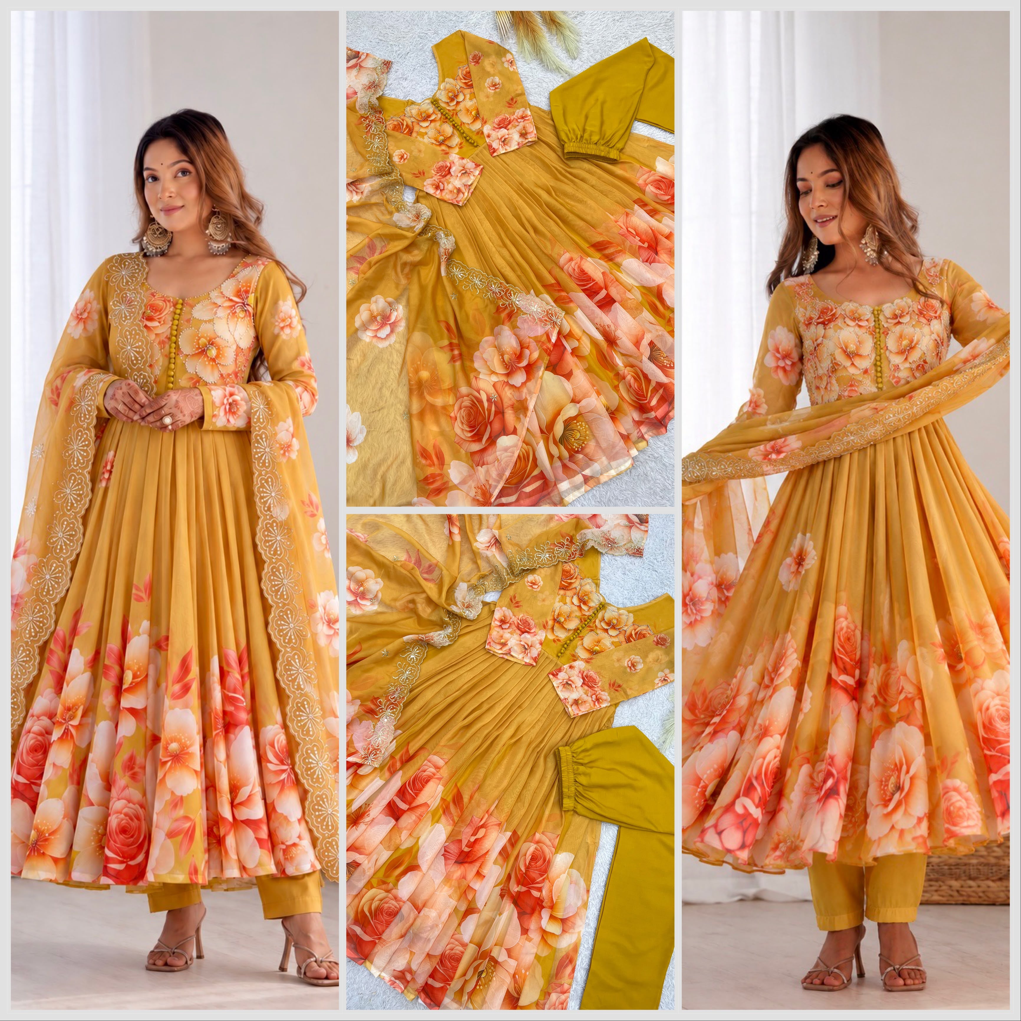 Mustard Floral Print Anarkali Gown
