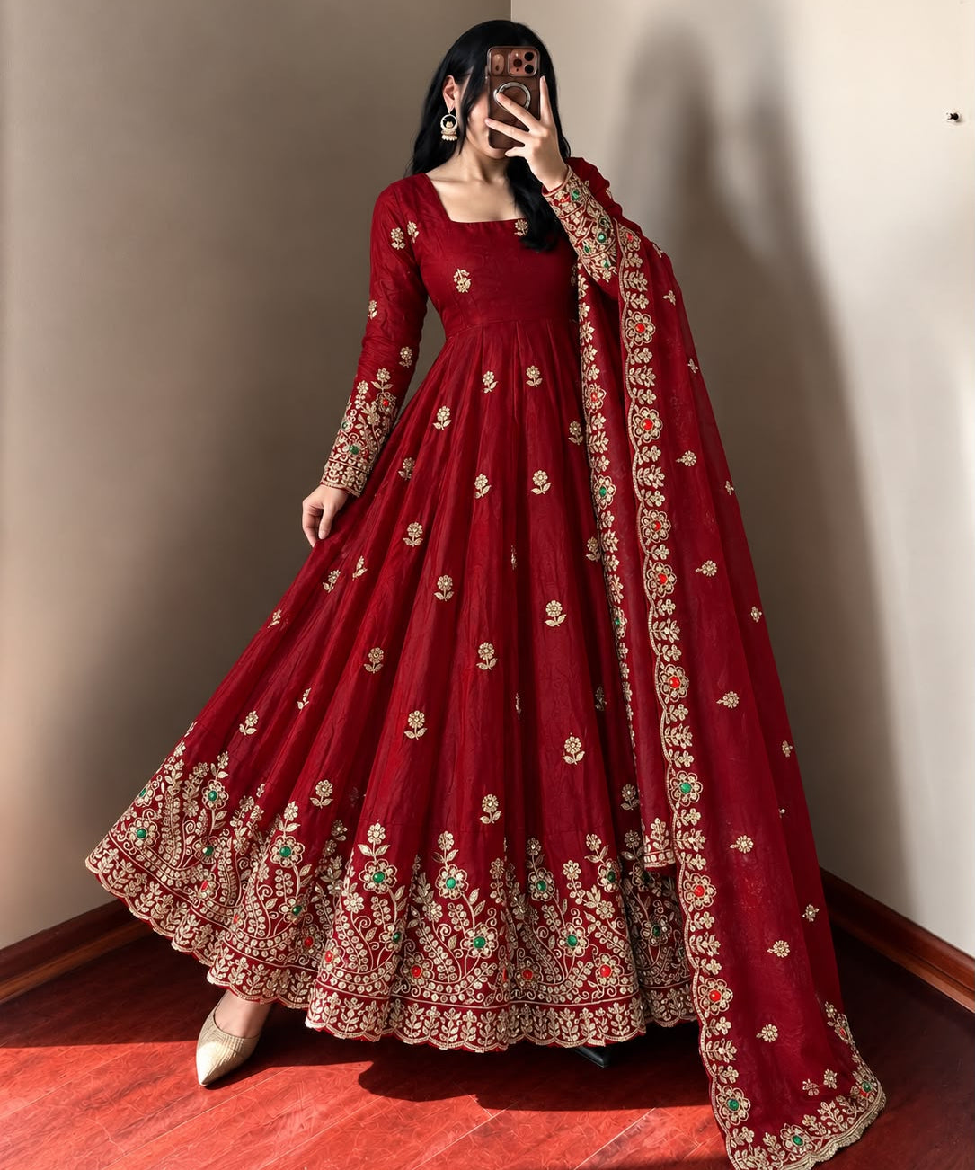 Maroon Ethnic Crush Silk Anarkali Gown