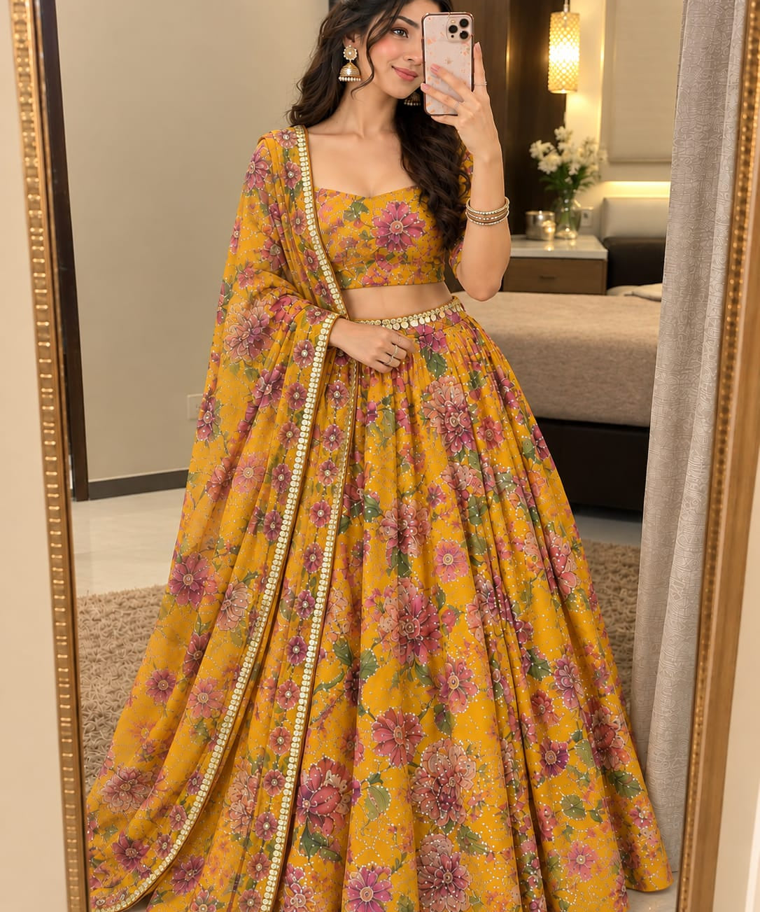 Mustard Floral Print Lehenga Choli