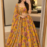 Mustard Floral Print Lehenga Choli